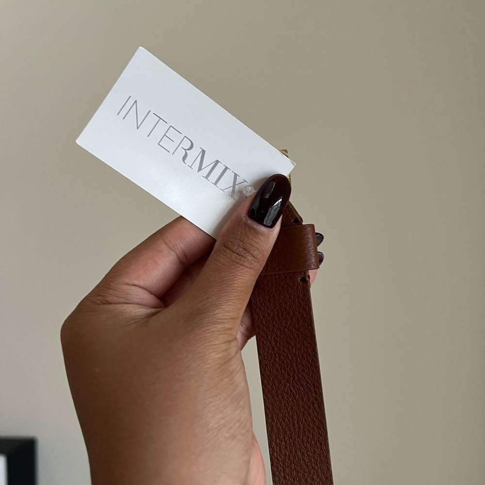 INTERMIX Brown Leather Belt with Gold Buckle